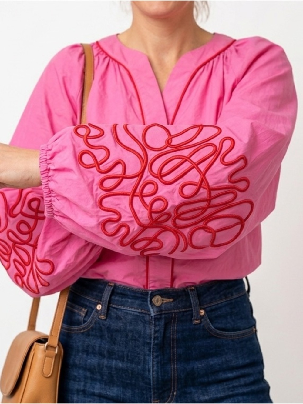 Pink 100% Cotton Blouse Red Rope Appliqué Coquette Barbiecore Maximalist Boho L